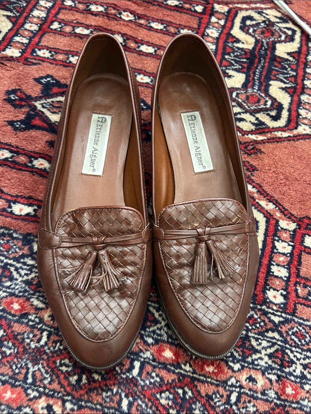 Etienne Aigner Brown Woven Leather Tassel Loafers